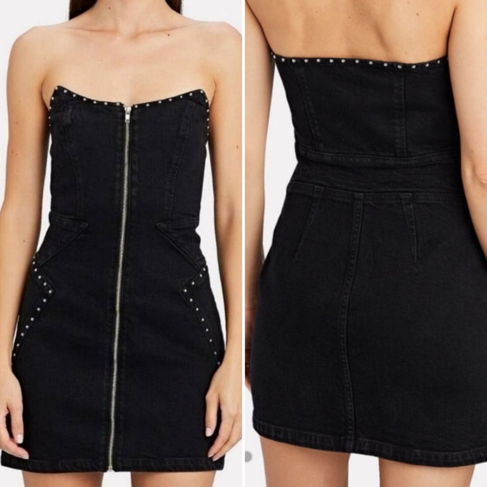 GRLFRND Brooke Studded Strapless Zipup Denim Mini Dress Black Small festival